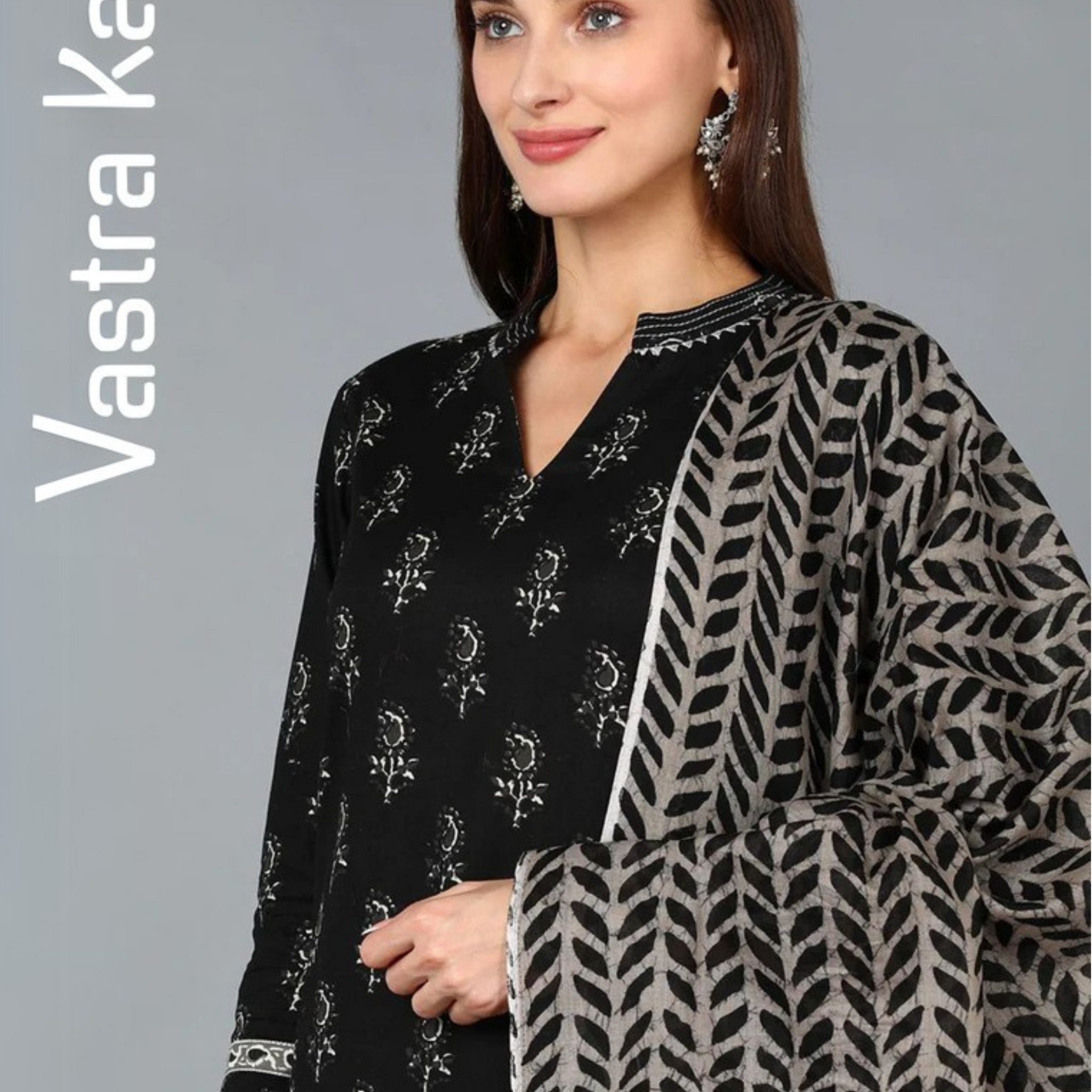 "Black With White Pattern Poly Rayon Kurta Set"