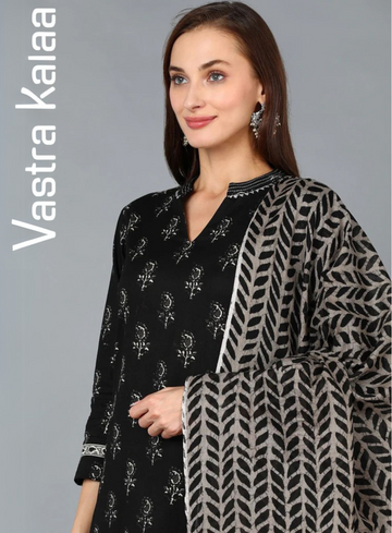 "Black With White Pattern Poly Rayon Kurta Set"