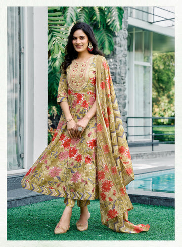 "Olive Mustard with Red & Pink Floral Print Anarkali Top with Pant and Dupatta"