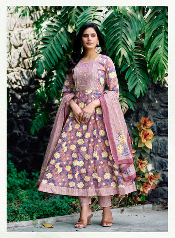"Dusty Rose with Yellow Floral Print Anarkali Top with Pant and Dupatta"