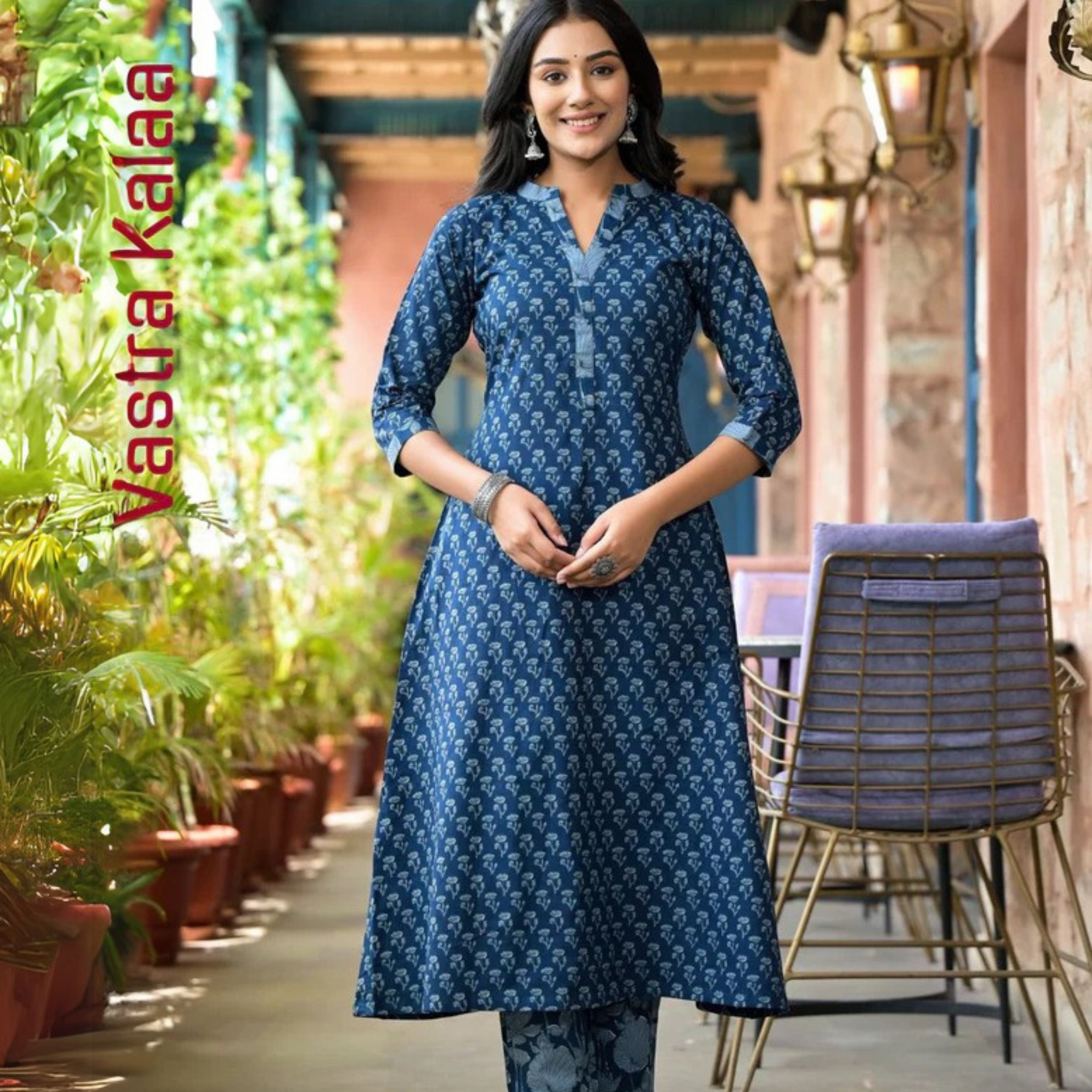 Poly Rayon White With Sky Blue Floral Print Regular V-Neck Kurta Set