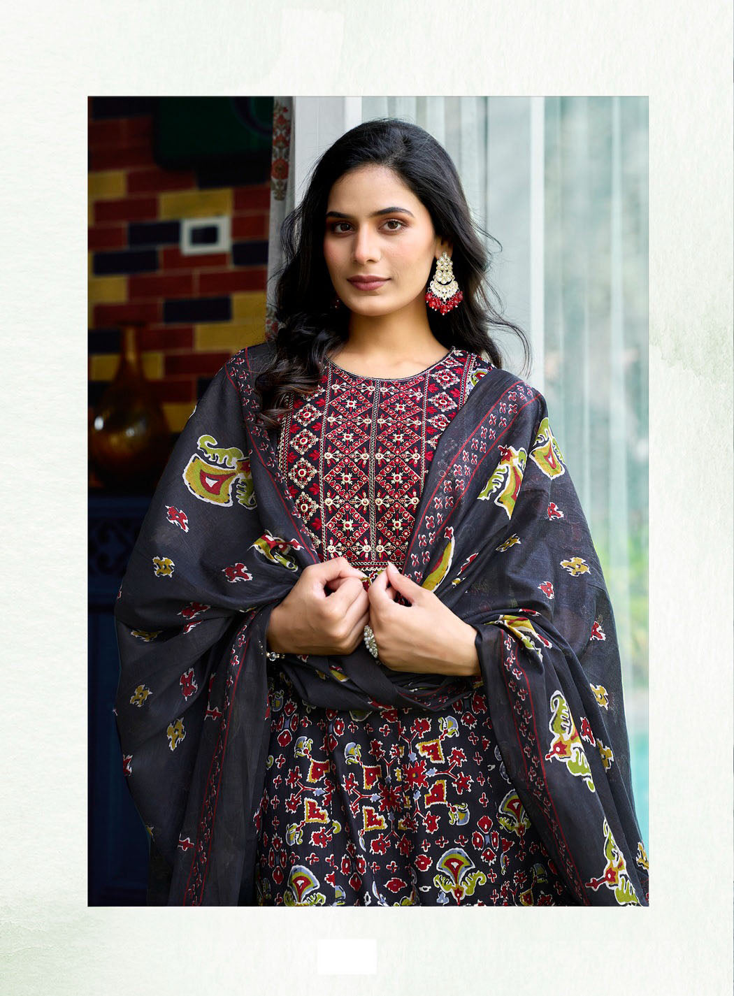 "Midnight Black with Multicolor Traditional Motifs Anarkali Top with Pant and Dupatta"