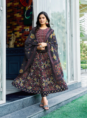 "Midnight Black with Multicolor Traditional Motifs Anarkali Top with Pant and Dupatta"