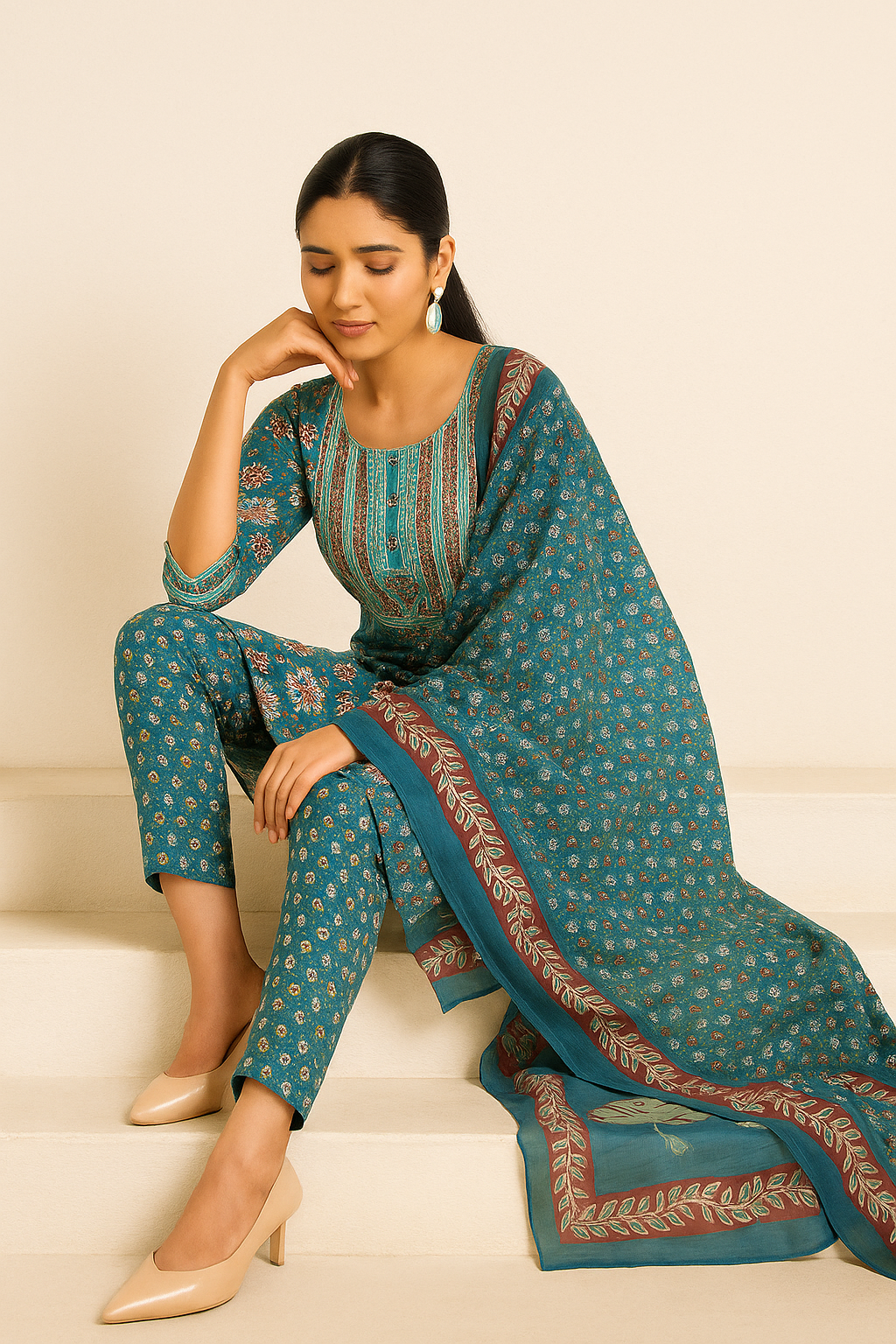 "Teal Blue & Cherry Floral Straight Kurti Top,Bottom With Dupatta"