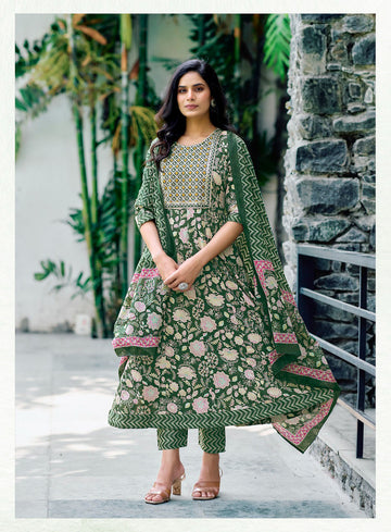 "Everglade Bloom with Multicolor Floral Print Anarkali Top with Pant & Dupatta"