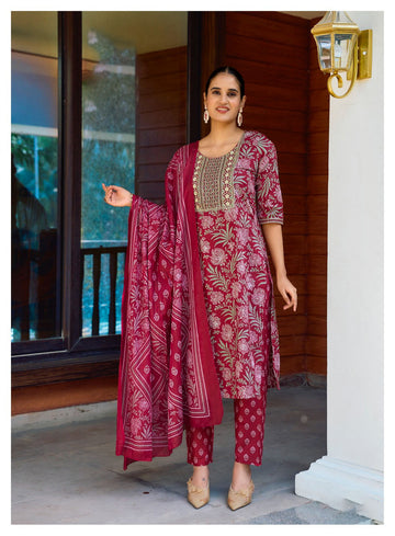 "Ruby Maroon & Gold Highlight Straight Top,Bottom With Dupatta"