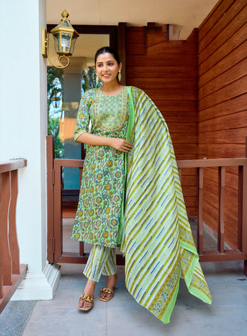 " Lime Green & Yellow Garden Straight Kurti Top,Bottom With Dupatta"
