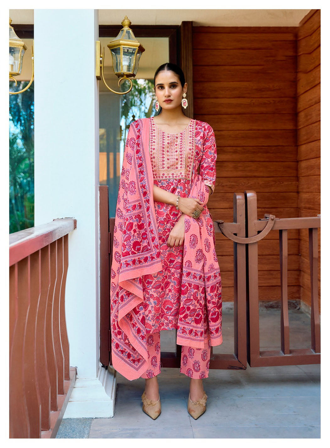 "Peach Rose & Crimson Fusion Straight Kurti Top ,Bottom With Dupatta"