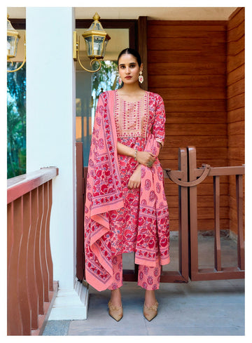 "Peach Rose & Crimson Fusion Straight Kurti Top ,Bottom With Dupatta"