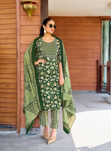 "Evergreen & Pastel Bloom Straight Kurti Top,Pant with Dupatta"