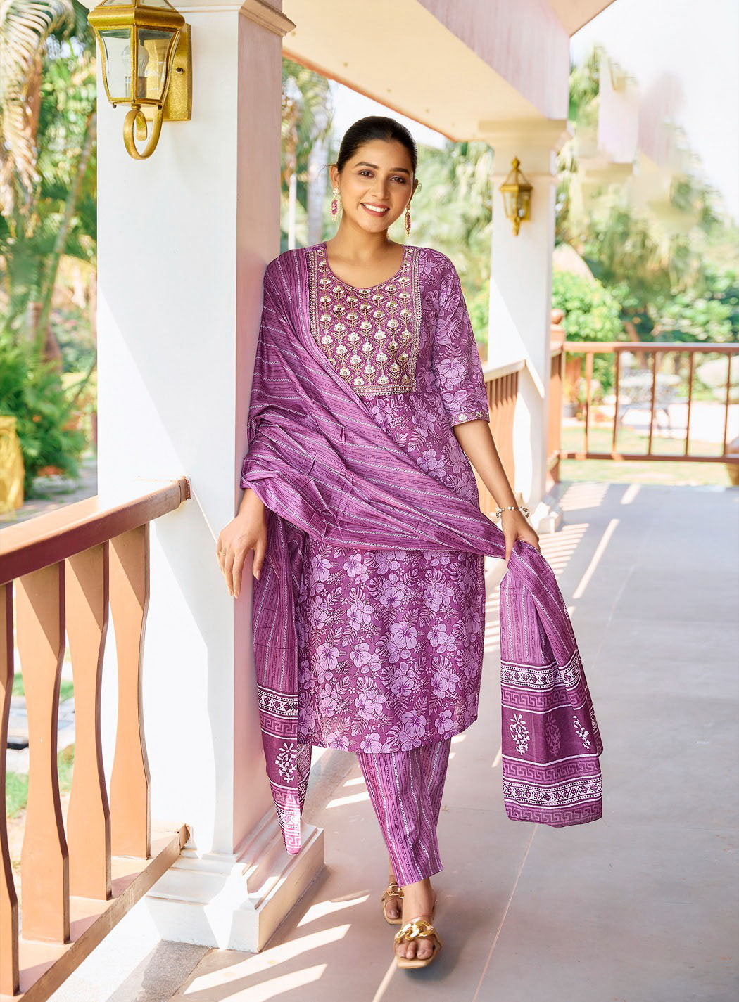 "Lavender Orchid & Grape Wine Staright Kurti Top,Bottom With Dupatta"