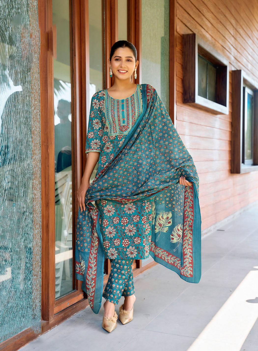 "Teal Blue & Cherry Floral Straight Kurti Top,Bottom With Dupatta"