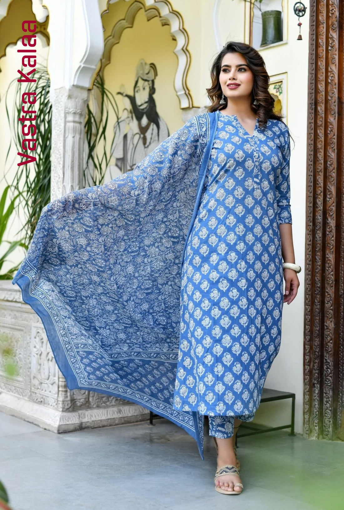 "Mandarin Blue Poly Rayon Top,Bottom With Dupatta"