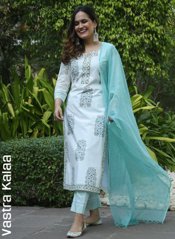 "Mint White Blossom Kurta Sets"