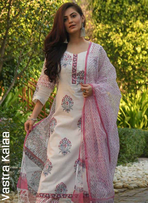 "Soft White With Pink And Grey Floral Motifs Kurta Sets"