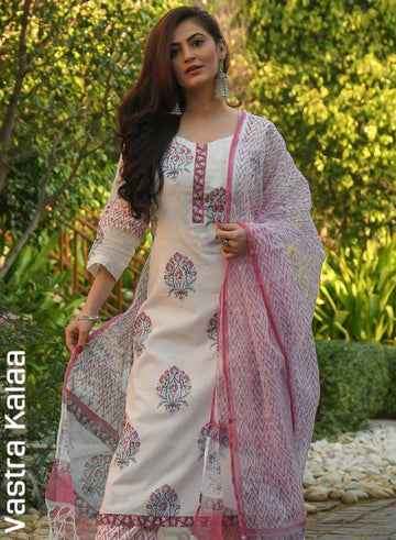 "Soft White With Pink And Grey Floral Motifs Kurta Sets"