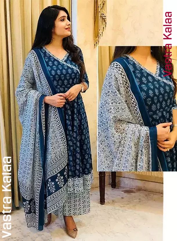 "Indigo Blue With White Floral Motifs Kurta Sets"