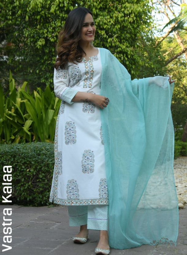 "Mint White Blossom Kurta Sets"