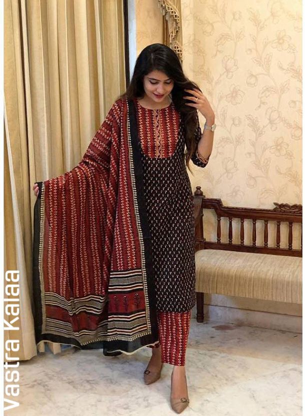 "Deep Maroon & Black with Traditional Ajrakh Print Kurta Sets"
