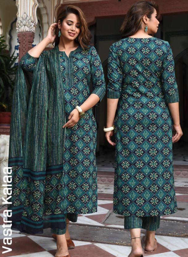 "Evergreen Teal Ikat Block Print Kurta Sets"