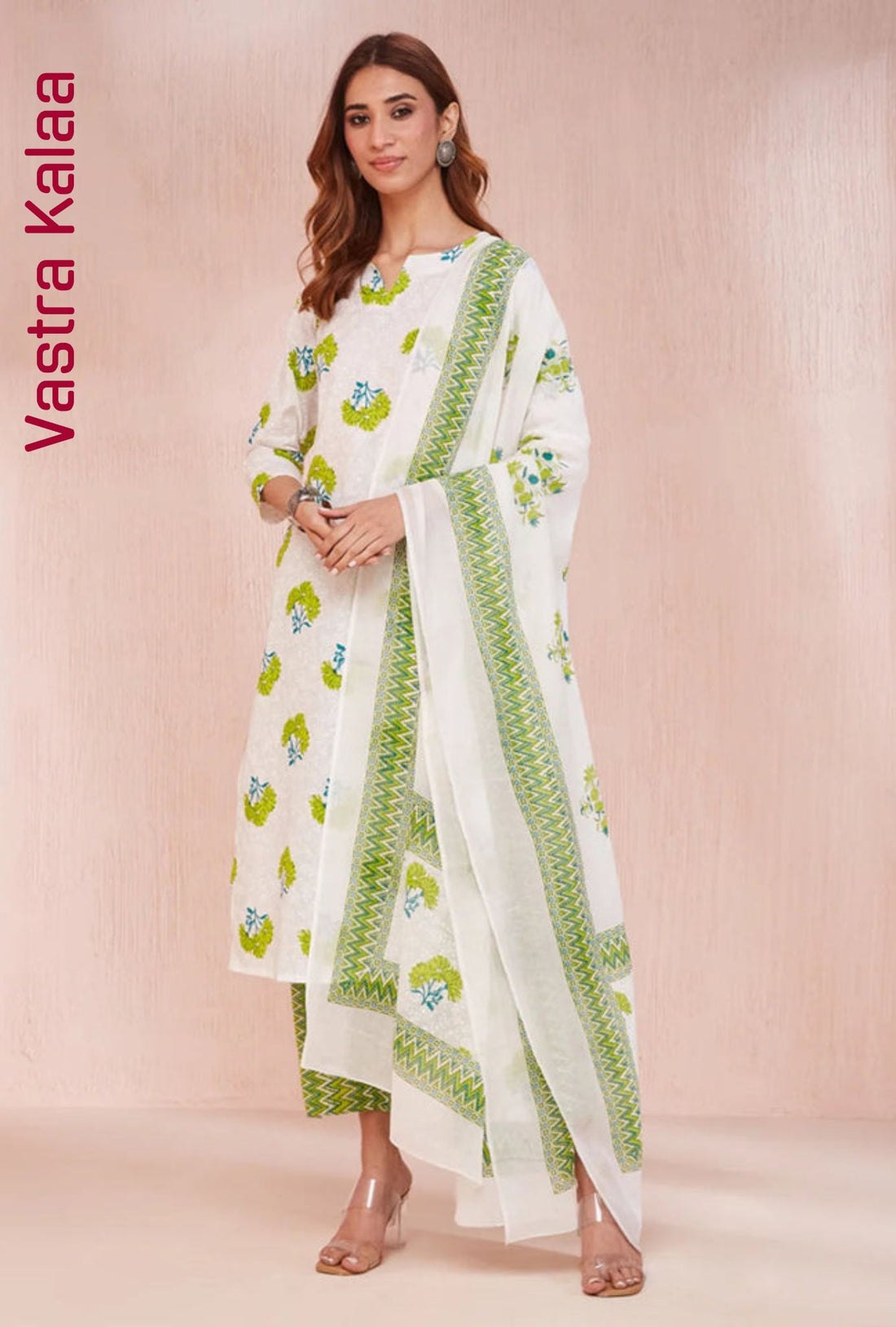Lime Garden on Ivory Poly Rayon Kurta sets