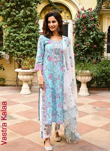 "Aqua Blue With Lavender Floral Print Kurta Sets"