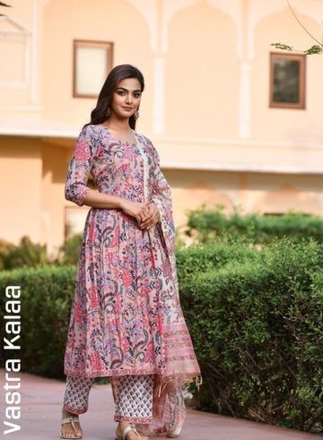"Coral Pink With Multicolour Floral Print Kurta Sets"