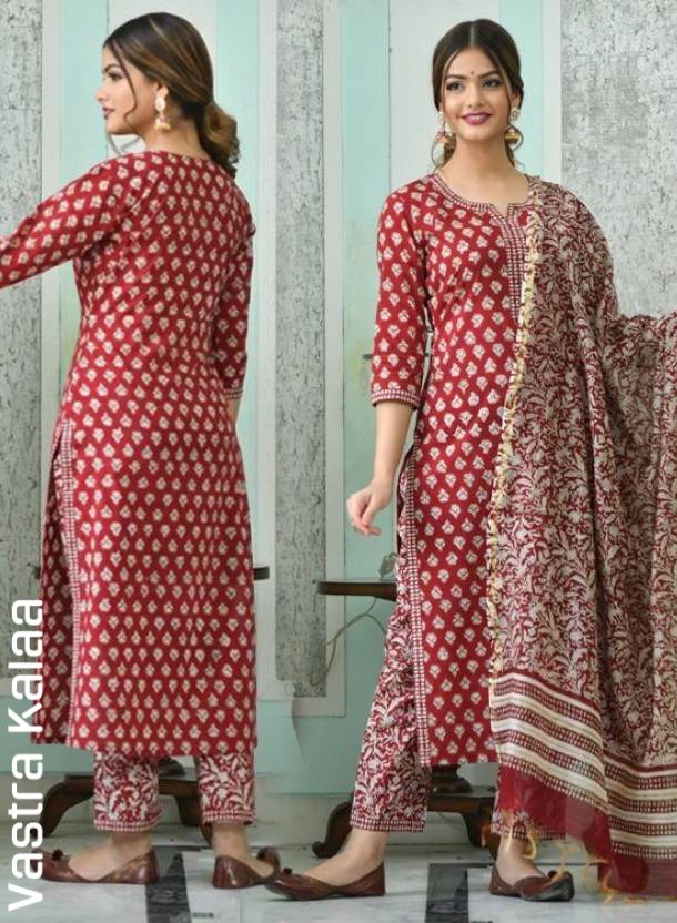 "Maroon Red With White Block Print Kurta Sets"