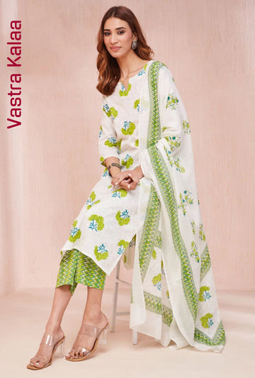 Lime Garden on Ivory Poly Rayon Kurta sets