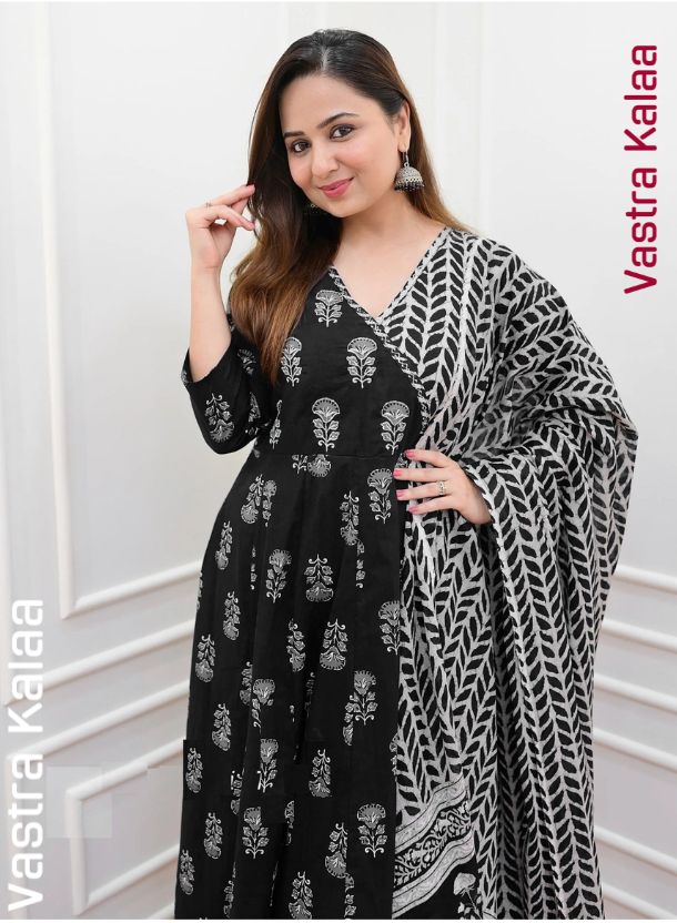 "Noir Elegance Poly Rayon With White Floral Kurta Set"