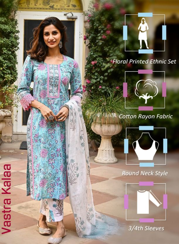 "Aqua Blue With Lavender Floral Print Kurta Sets"