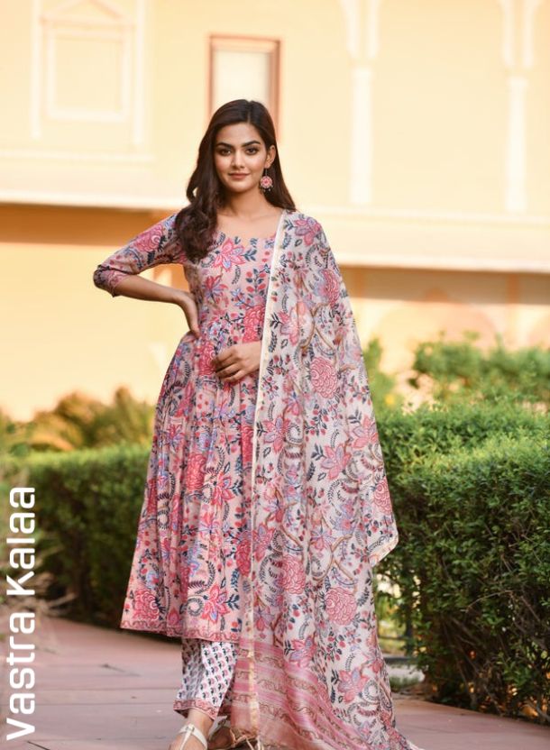 "Coral Pink With Multicolour Floral Print Kurta Sets"