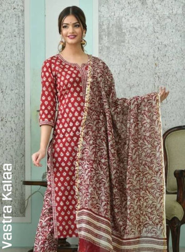 "Maroon Red With White Block Print Kurta Sets"