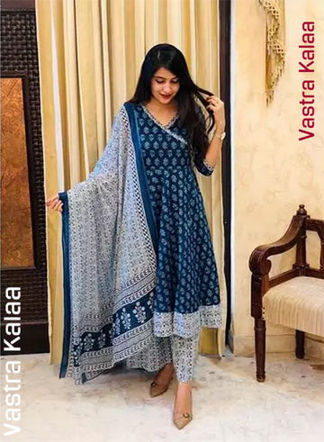 "Indigo Blue With White Floral Motifs Kurta Sets"