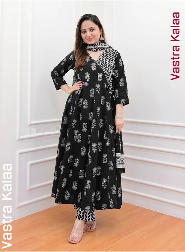 "Noir Elegance Poly Rayon With White Floral Kurta Set"