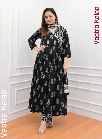 "Noir Elegance Poly Rayon With White Floral Kurta Set"