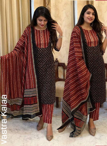 "Deep Maroon & Black with Traditional Ajrakh Print Kurta Sets"