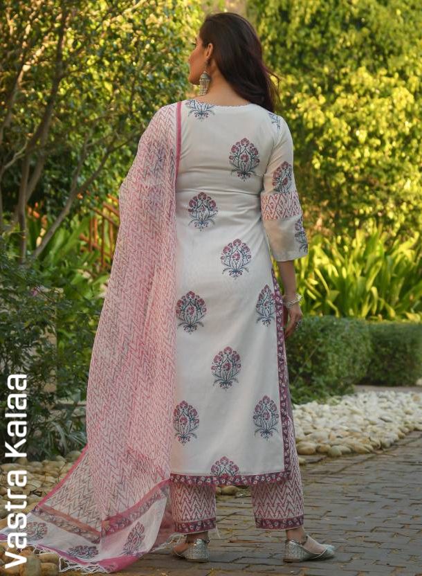 "Soft White With Pink And Grey Floral Motifs Kurta Sets"