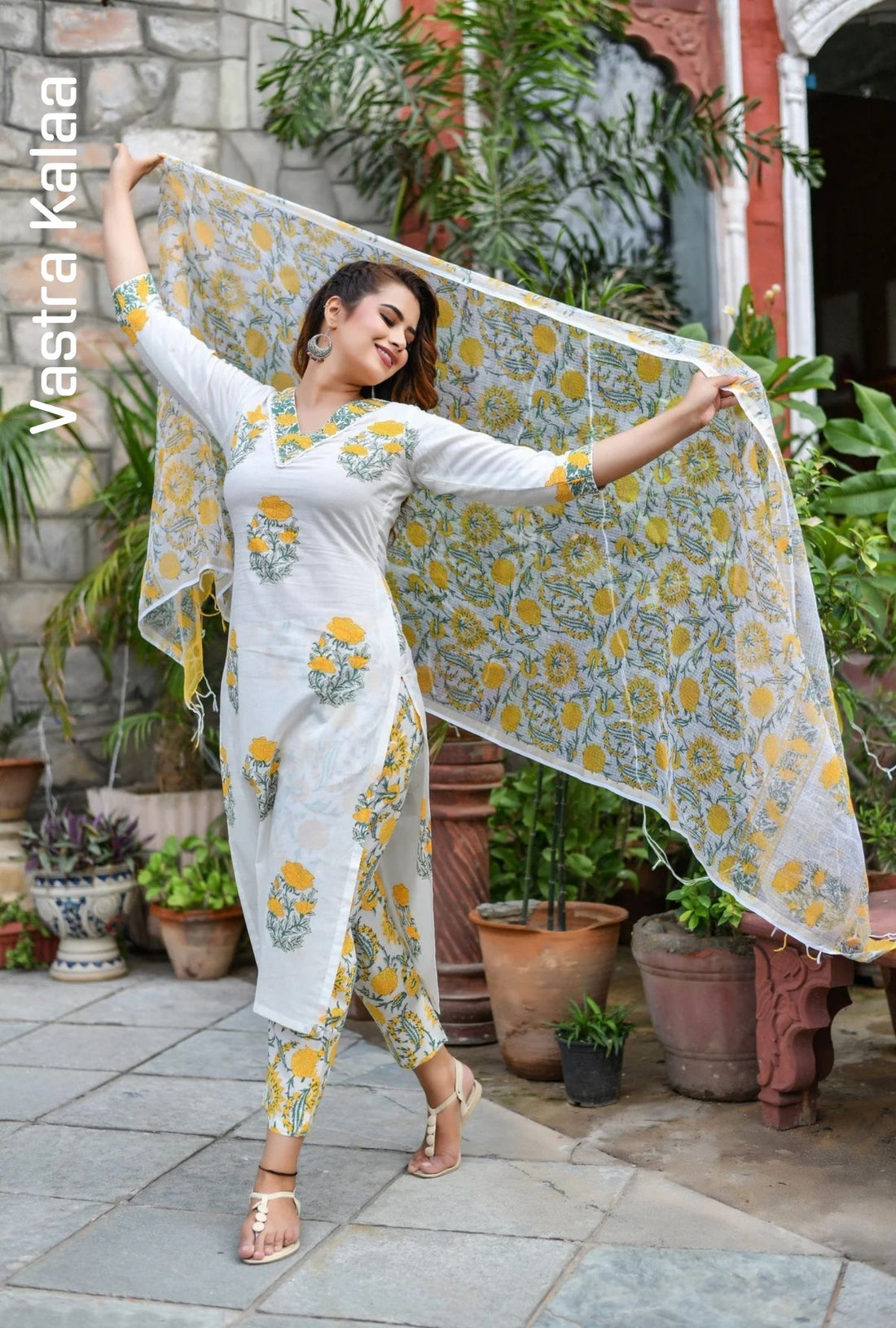 "Off White With Mustard Yellow Floral Print Poly Rayon Kurta Sets"