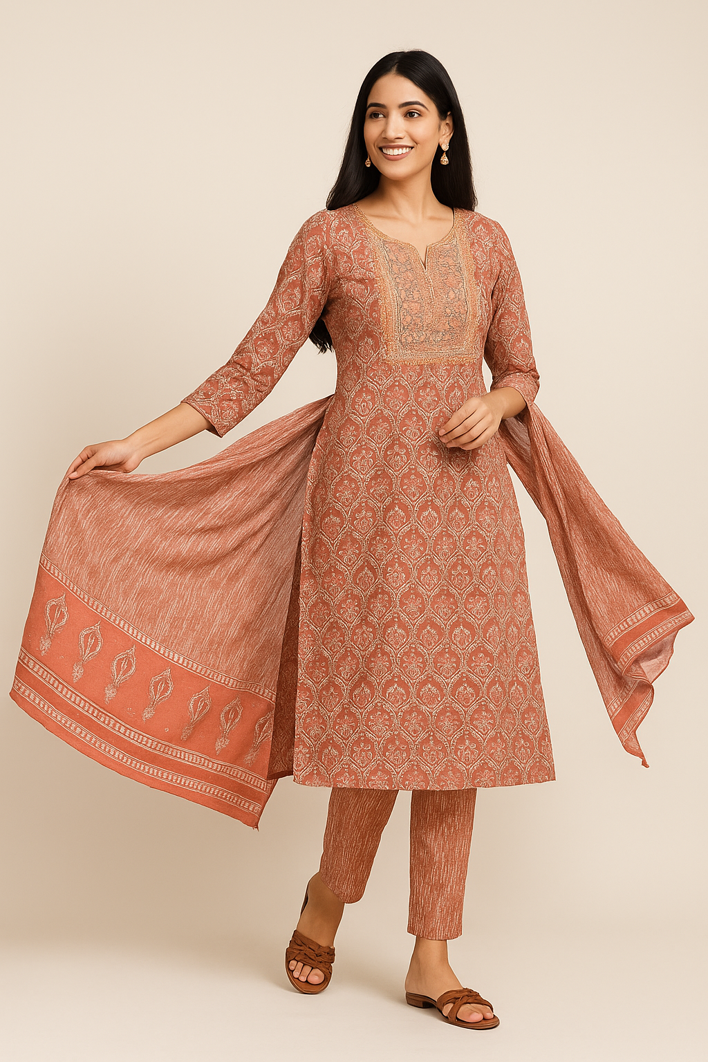 "Terracotta Peach Bliss Cotton Kurta Sets"