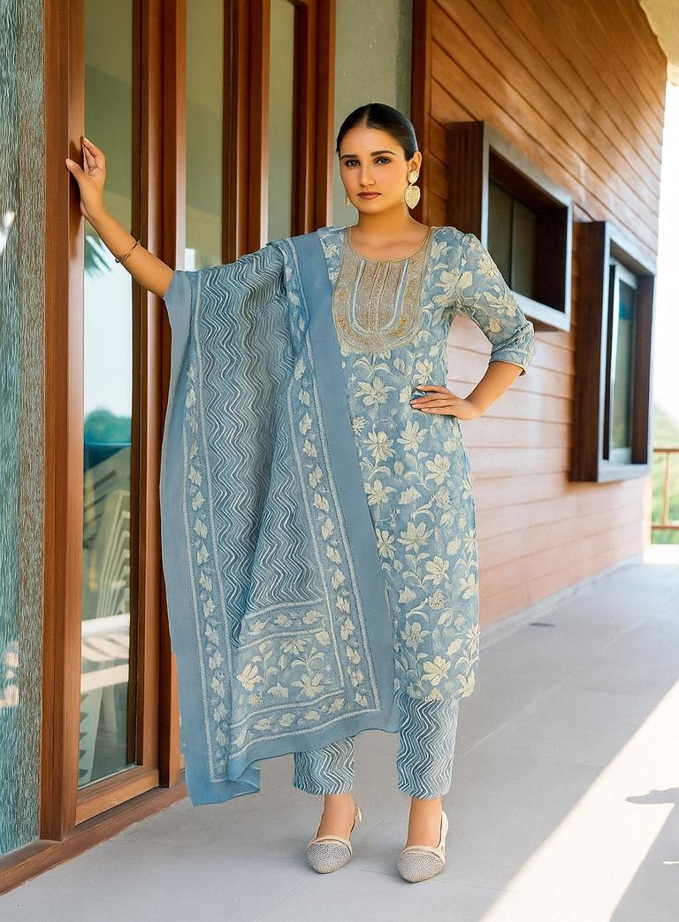 "Dusty Sky Bloom Straight Kurti Top ,Bottom And Dupatta"