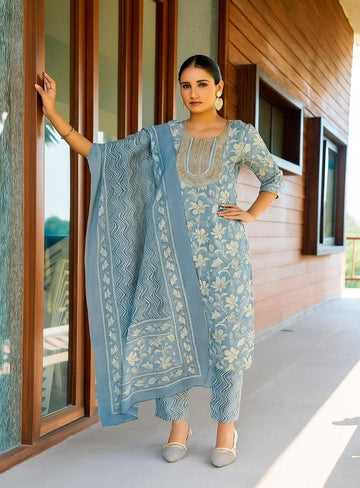 "Dusty Sky Bloom Straight Kurti Top ,Bottom And Dupatta"