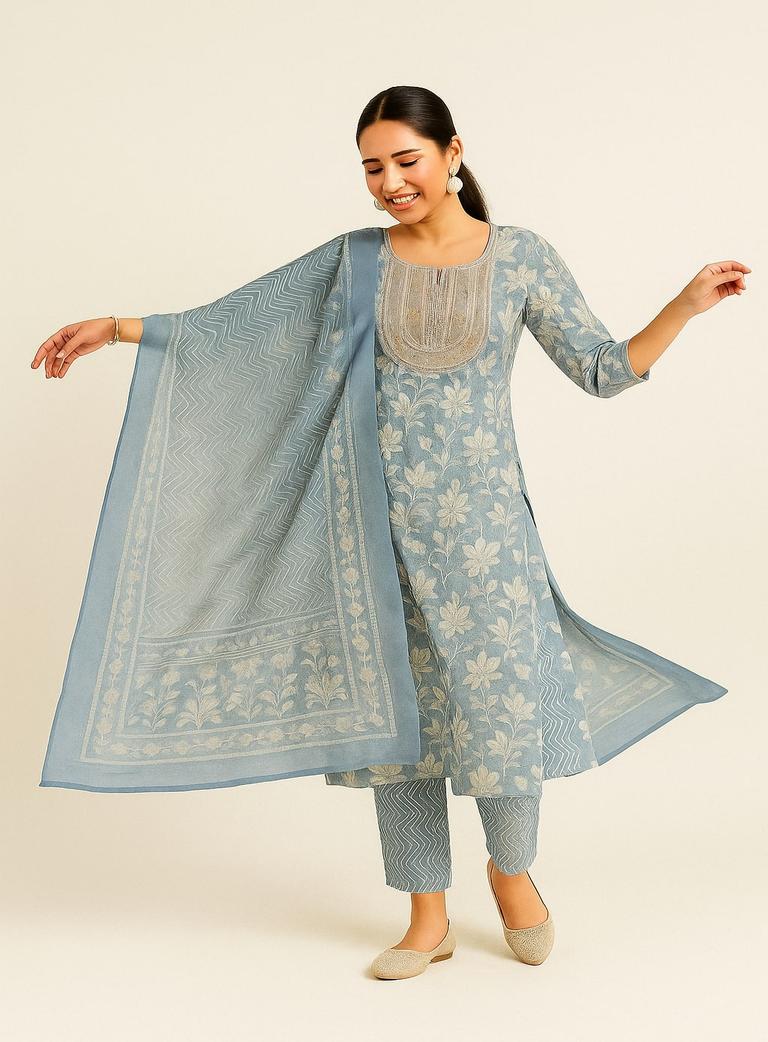 "Dusty Sky Bloom Straight Kurti Top ,Bottom And Dupatta"