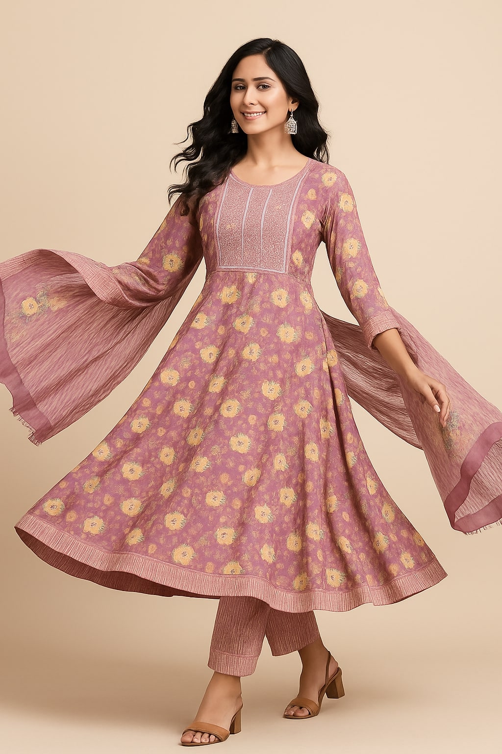 "Dusty Rose with Yellow Floral Print Anarkali Top with Pant and Dupatta"