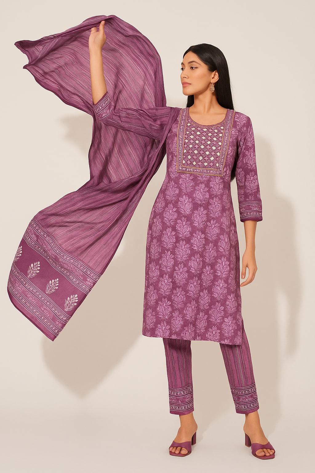"Lavender Orchid & Grape Wine Staright Kurti Top,Bottom With Dupatta"