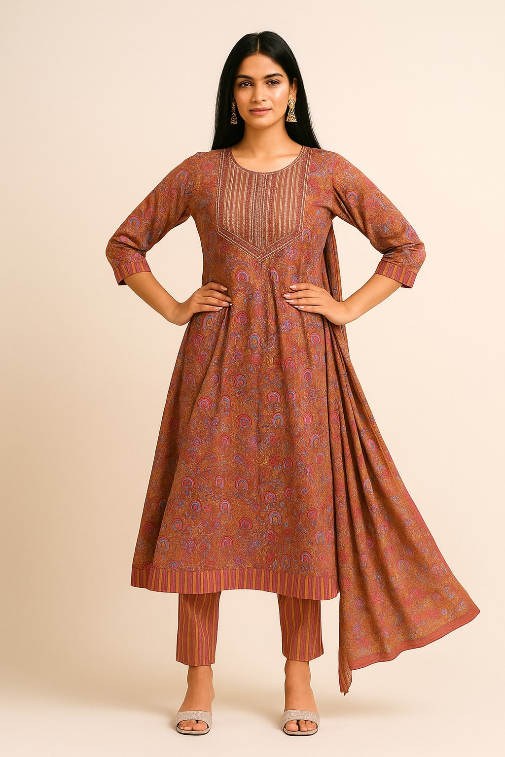 "Terracotta Bloom Anarkali Cotton Kurta Sets"