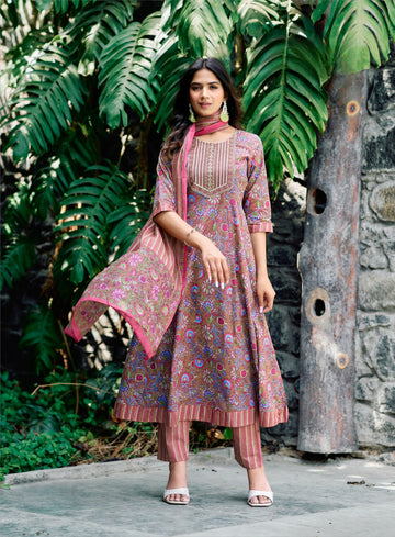 "Terracotta Bloom Anarkali Cotton Kurta Sets"